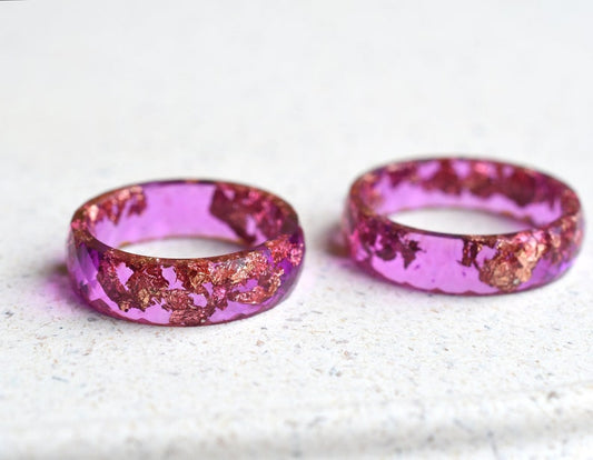 Pink Magenta Resin Ring with Gold Leaf – Faceted and Unique Resin Ring - Epoxy Resin Jewelry