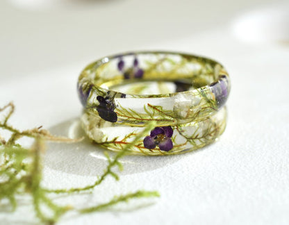 Dried Moss and Alyssum Flowers Ring - Real Dried Flowers Resin Jewelry - Nature inspired ring