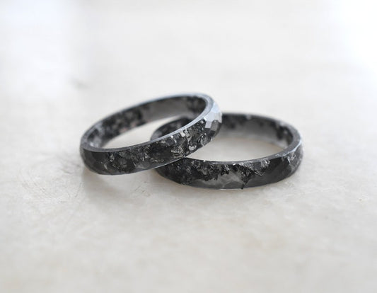 Black Resin Ring With Silver Leaf - Black Men's Ring - Thin Faceted Stacking Ring