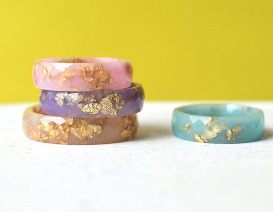 Pastel Colors Resin Rings with Gold Leaf - Wide Faceted Rings - Pink, Blue, Purple and Nude Rings