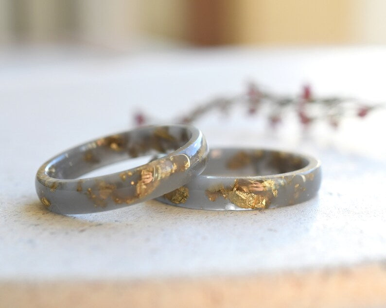 Matte Gray Resin Ring with Gold Leaf – Handmade Thin Stacking Band, Unisex Hypoallergenic Ring, Modern Alternative Wedding Jewelry