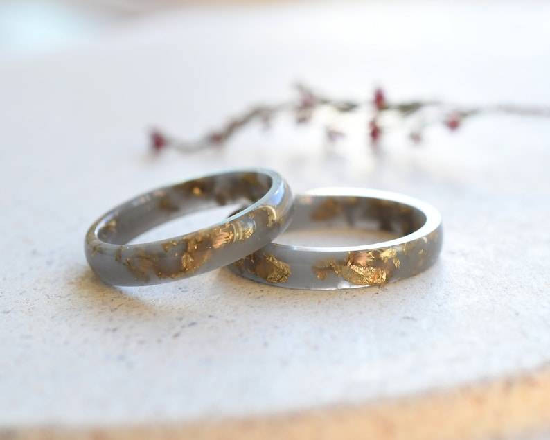 Matte Gray Resin Ring with Gold Leaf – Handmade Thin Stacking Band, Unisex Hypoallergenic Ring, Modern Alternative Wedding Jewelry