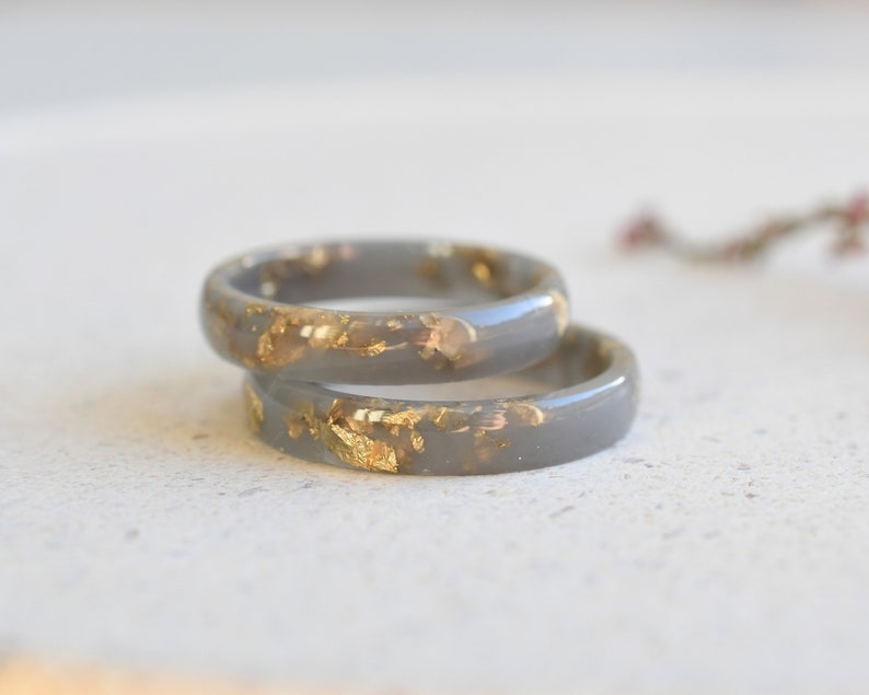 Matte Gray Resin Ring with Gold Leaf – Handmade Thin Stacking Band, Unisex Hypoallergenic Ring, Modern Alternative Wedding Jewelry