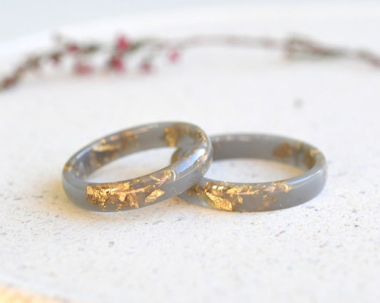 Matte Gray Resin Ring with Gold Leaf – Handmade Thin Stacking Band, Unisex Hypoallergenic Ring, Modern Alternative Wedding Jewelry