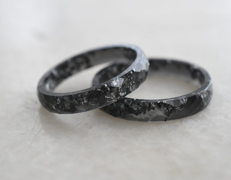Black Resin Ring With Silver Leaf - Black Men's Ring - Thin Faceted Stacking Ring