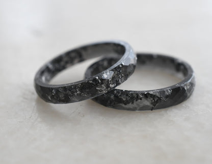 Black Resin Ring With Silver Leaf - Black Men's Ring - Thin Faceted Stacking Ring