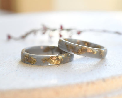 Matte Gray Resin Ring with Gold Leaf – Handmade Thin Stacking Band, Unisex Hypoallergenic Ring, Modern Alternative Wedding Jewelry