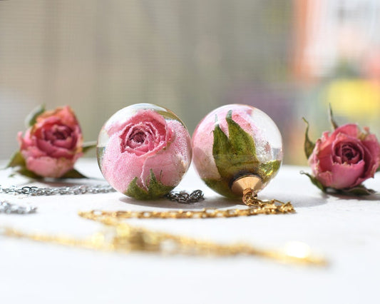 Real Light Pink Rosebud Resin Sphere Pendant Necklace - Dried Flower Jewelry for Her - Real Rose Necklace