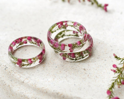 Resin Ring with Real Dried Pink Heather Flowers - Flower Wedding Band - Dried Flowers Jewelry