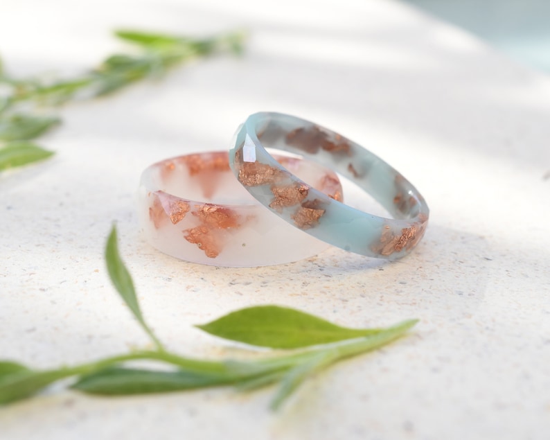 Baby Blue Resin Ring with Rose Gold Leaf – Delicate Faceted Promise or Purity Ring