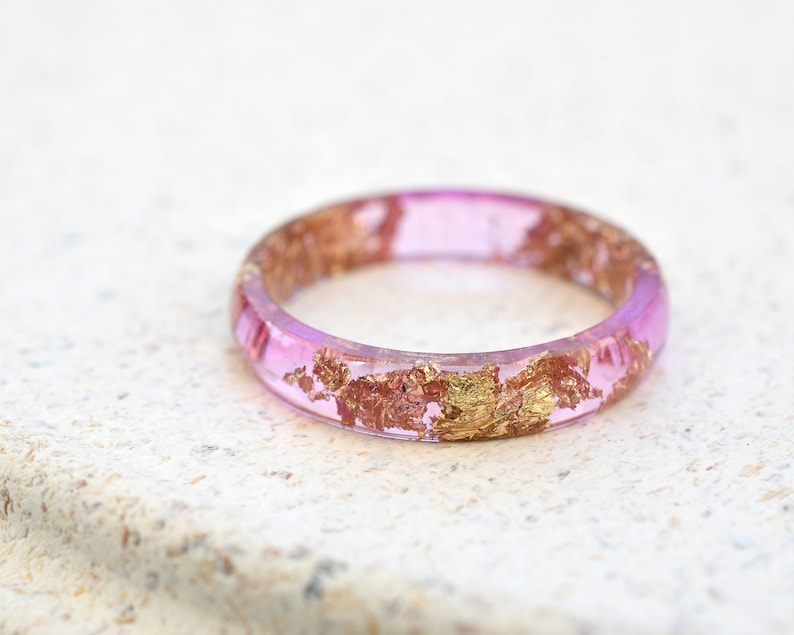 Peony Pink Gold Leaf Ring - Smooth Dainty Resin Ring for Her - Stacking Ring