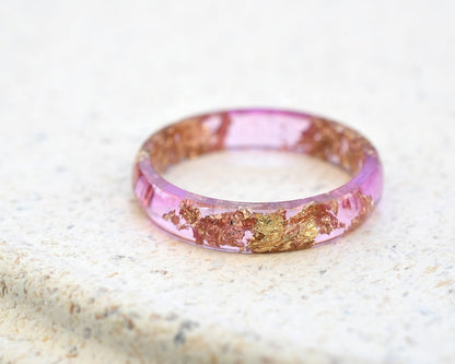 Peony Pink Gold Leaf Ring - Smooth Dainty Resin Ring for Her - Stacking Ring