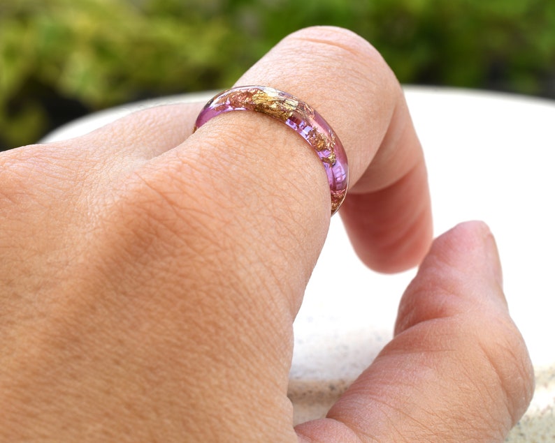 Peony Pink Gold Leaf Ring - Smooth Dainty Resin Ring for Her - Stacking Ring