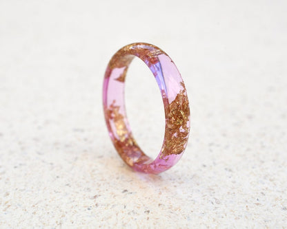 Peony Pink Gold Leaf Ring - Smooth Dainty Resin Ring for Her - Stacking Ring