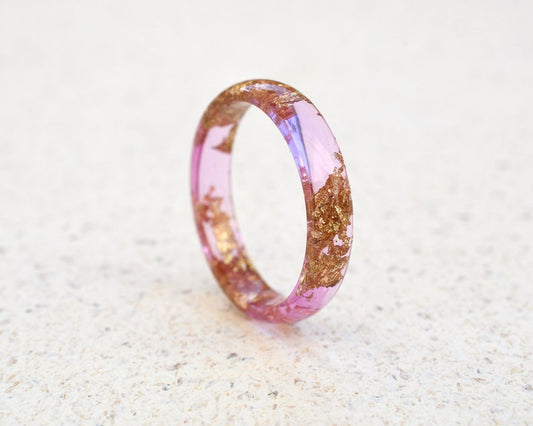 Peony Pink Gold Leaf Ring - Smooth Dainty Resin Ring for Her - Stacking Ring