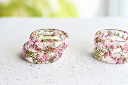 Real Dried Heather Flower Resin Ring - Purity Ring for Her - Pressed Flower Jewelry - Faceted resin Ring