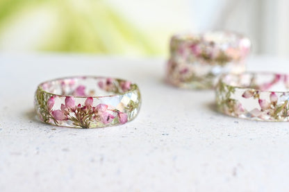Real Dried Heather Flower Resin Ring - Purity Ring for Her - Pressed Flower Jewelry - Faceted resin Ring