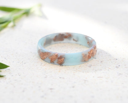 Baby Blue Resin Ring with Rose Gold Leaf – Delicate Faceted Promise or Purity Ring