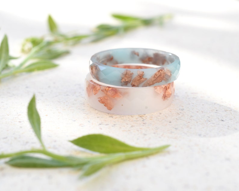Baby Blue Resin Ring with Rose Gold Leaf – Delicate Faceted Promise or Purity Ring