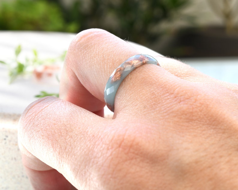 Baby Blue Resin Ring with Rose Gold Leaf – Delicate Faceted Promise or Purity Ring