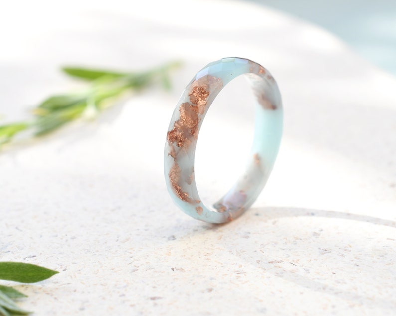 Baby Blue Resin Ring with Rose Gold Leaf – Delicate Faceted Promise or Purity Ring