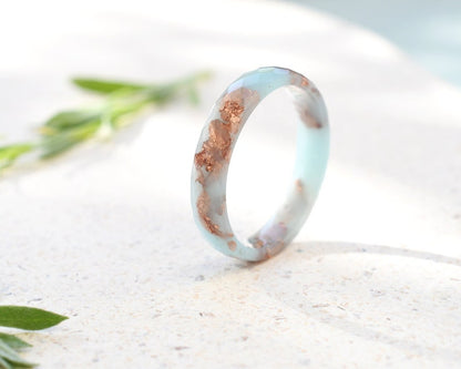 Baby Blue Resin Ring with Rose Gold Leaf – Delicate Faceted Promise or Purity Ring