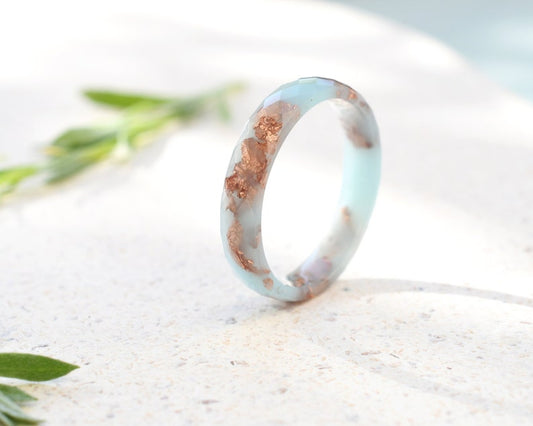 Baby Blue Resin Ring with Rose Gold Leaf – Delicate Faceted Promise or Purity Ring