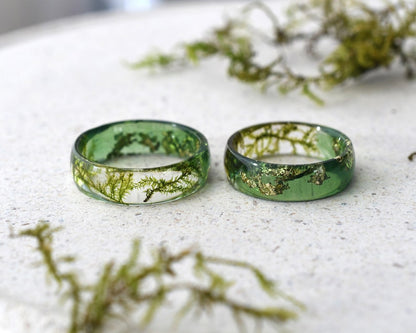 Natural Moss Promise Ring - Resin and Gold Leaf Two Sided Band - Green Woodland Engagement Ring