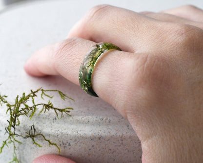 Natural Moss Promise Ring - Resin and Gold Leaf Two Sided Band - Green Woodland Engagement Ring