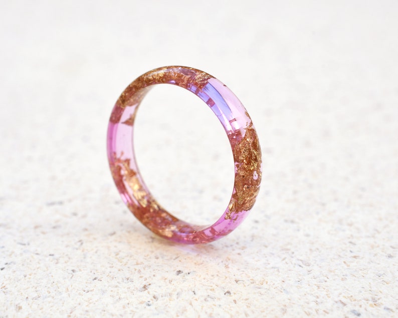 Peony Pink Gold Leaf Ring - Smooth Dainty Resin Ring for Her - Stacking Ring