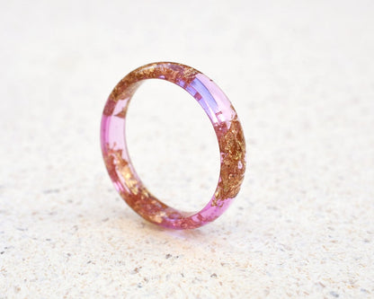 Peony Pink Gold Leaf Ring - Smooth Dainty Resin Ring for Her - Stacking Ring