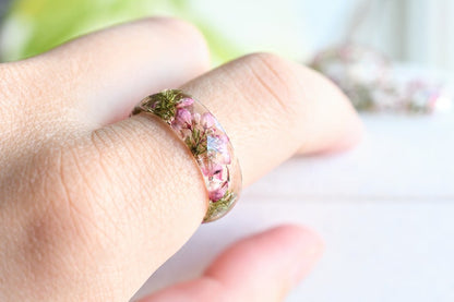 Real Dried Heather Flower Resin Ring - Purity Ring for Her - Pressed Flower Jewelry - Faceted resin Ring