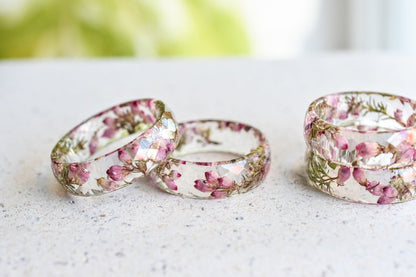 Real Dried Heather Flower Resin Ring - Purity Ring for Her - Pressed Flower Jewelry - Faceted resin Ring