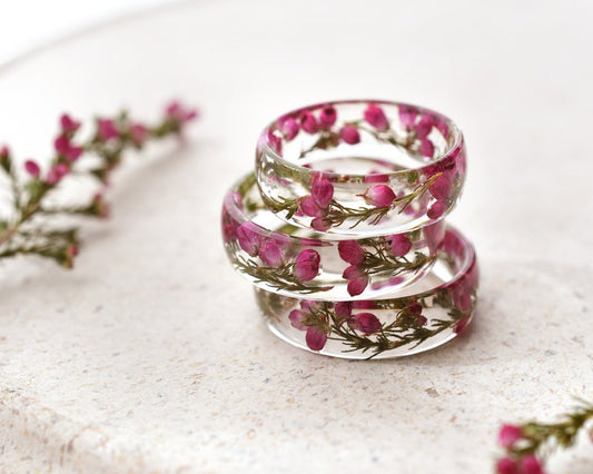Resin Ring with Real Dried Pink Heather Flowers - Flower Wedding Band - Dried Flowers Jewelry