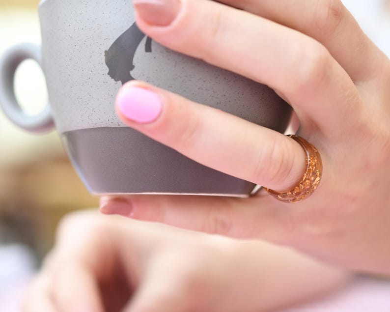 Handmade Faceted Resin Ring with Gold Leaf – Unique, Lightweight, and Hypoallergenic - Amber-Toned Resin Ring - Unique Gift for Her