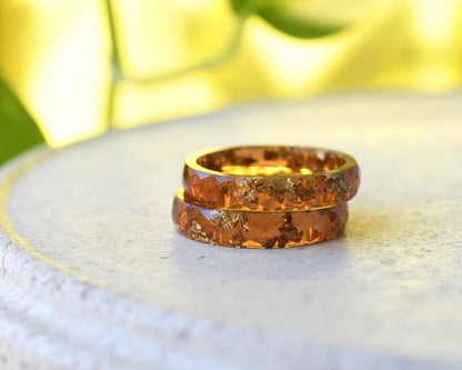 Handmade Faceted Resin Ring with Gold Leaf – Unique, Lightweight, and Hypoallergenic - Amber-Toned Resin Ring - Unique Gift for Her