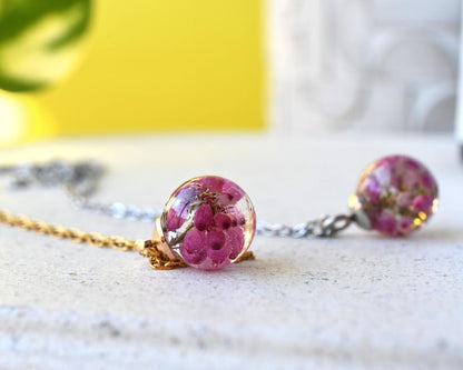 Delicate Pink Heather Necklace - Terrarium Resin Necklace - Real Flower Jewelry