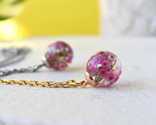 Delicate Pink Heather Necklace - Terrarium Resin Necklace - Real Flower Jewelry