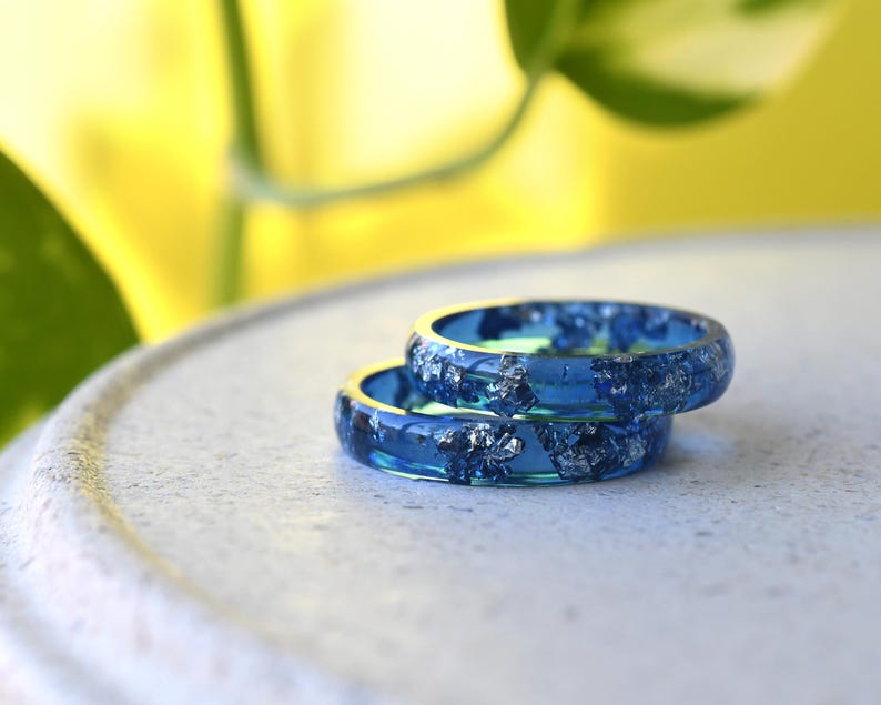 Navy Blue Ring with Silver Accents - Stacking Blue Resin Ring for Him - Unisex Blue Ring Silver Leaf