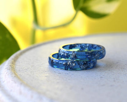 Navy Blue Ring with Silver Accents - Stacking Blue Resin Ring for Him - Unisex Blue Ring Silver Leaf