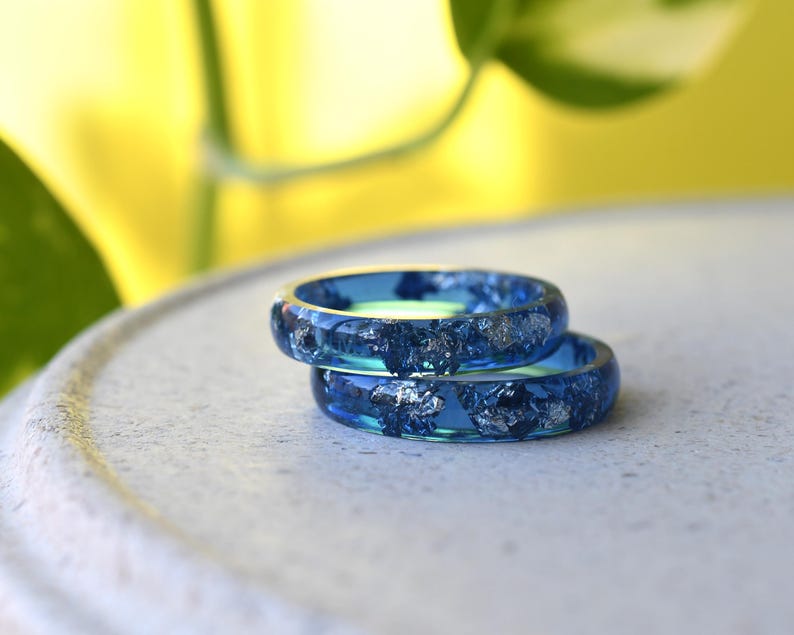 Navy Blue Ring with Silver Accents - Stacking Blue Resin Ring for Him - Unisex Blue Ring Silver Leaf