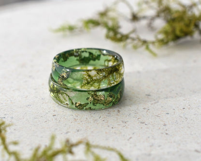Natural Moss Promise Ring - Resin and Gold Leaf Two Sided Band - Green Woodland Engagement Ring