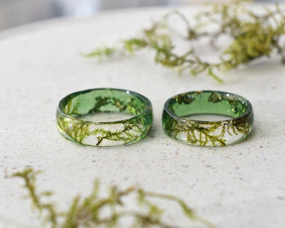 Natural Moss Promise Ring - Resin and Gold Leaf Two Sided Band - Green Woodland Engagement Ring