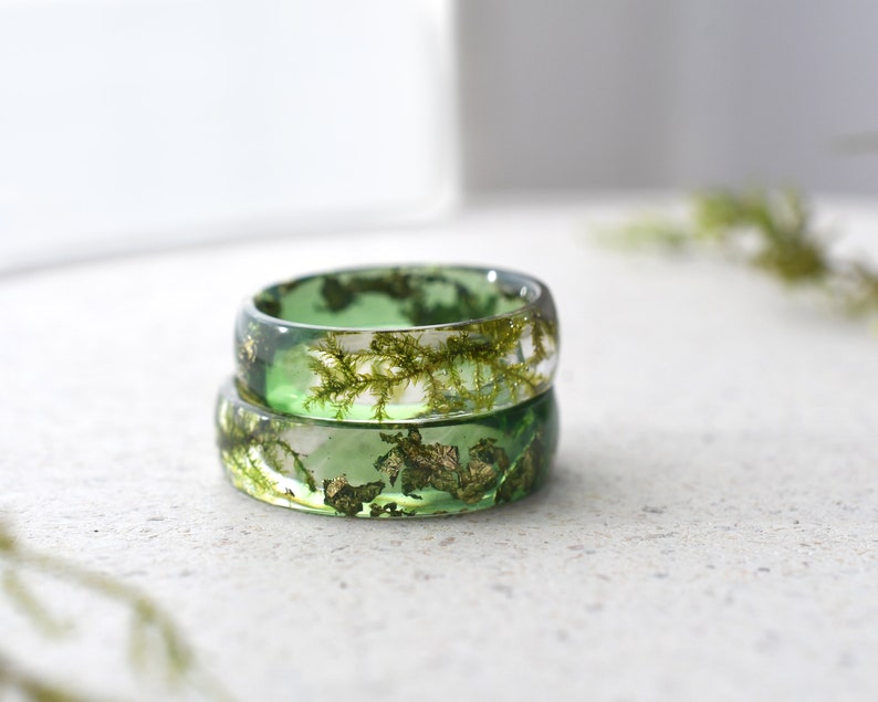 Natural Moss Promise Ring - Resin and Gold Leaf Two Sided Band - Green Woodland Engagement Ring