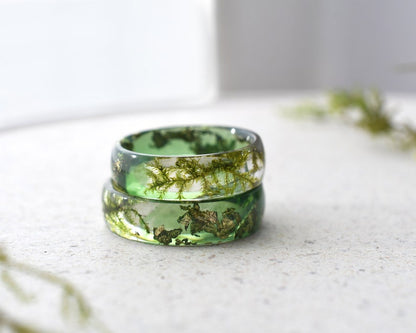 Natural Moss Promise Ring - Resin and Gold Leaf Two Sided Band - Green Woodland Engagement Ring