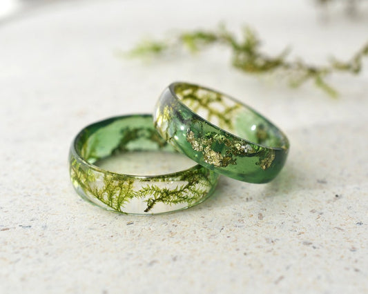 Natural Moss Promise Ring - Resin and Gold Leaf Two Sided Band - Green Woodland Engagement Ring