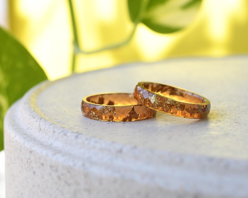 Handmade Faceted Resin Ring with Gold Leaf – Unique, Lightweight, and Hypoallergenic - Amber-Toned Resin Ring - Unique Gift for Her