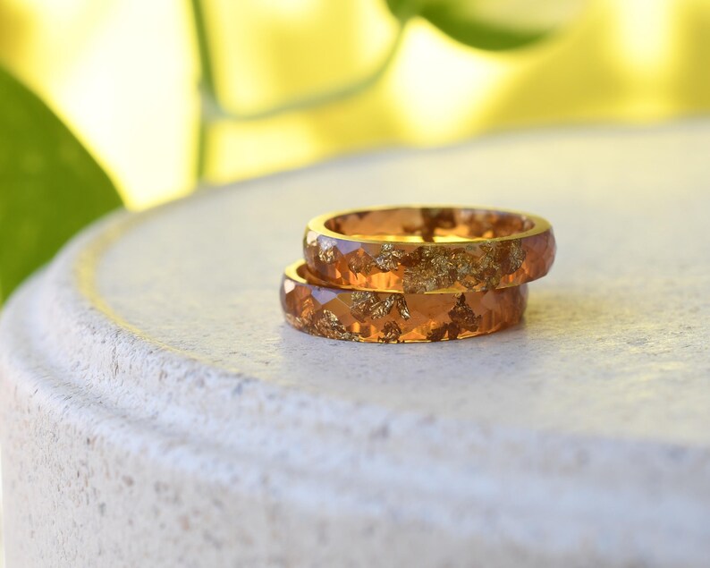 Handmade Faceted Resin Ring with Gold Leaf – Unique, Lightweight, and Hypoallergenic - Amber-Toned Resin Ring - Unique Gift for Her