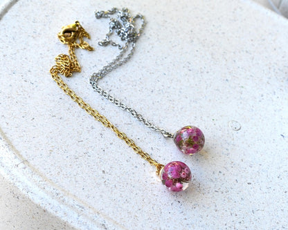 Delicate Pink Heather Necklace - Terrarium Resin Necklace - Real Flower Jewelry