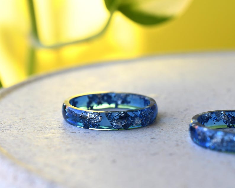 Navy Blue Ring with Silver Accents - Stacking Blue Resin Ring for Him - Unisex Blue Ring Silver Leaf